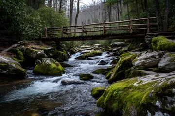 Rustic Log Bridge Over Rushing Mountain Stream with Moss Covered Rocks for Natural Wilderness Pathway