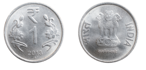 India one rupee coin on white isolated background