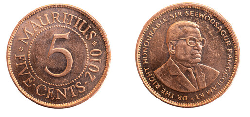 Mauritius five cents coin on a white isolated background
