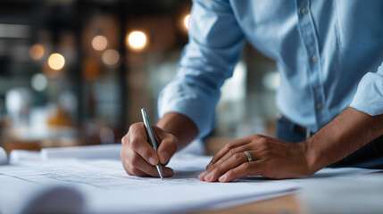 Architect working on project of structure in office faceless professional closeup defocused workspace background energy efficiency concept sustainable building design power