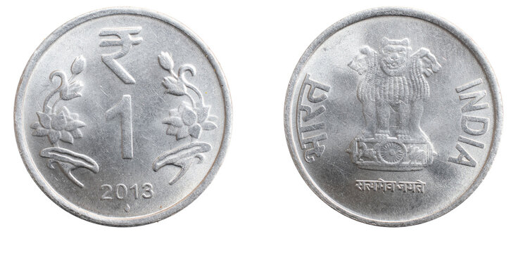 India one rupee coin on white isolated background