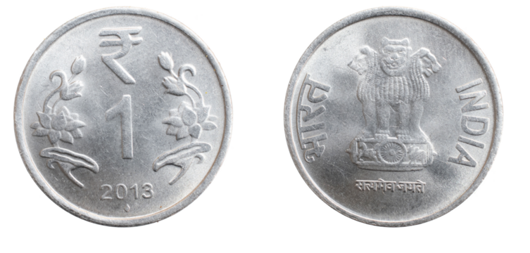 India one rupee coin on white isolated background