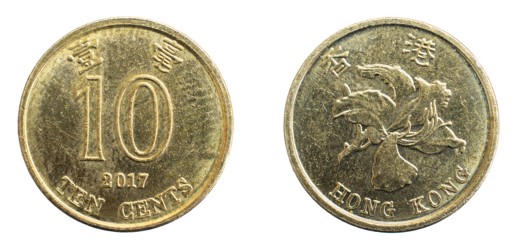 Hong Kong ten cents coin on white isolated background