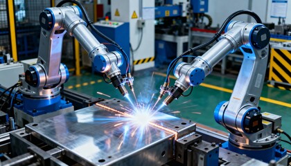 Medium shot of flexible robotic welding arms adjusting positions dynamically to join metal parts with high precision and speed in an advanced manufacturing setup.