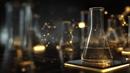 A Close-Up View of a Glass Flask with a Liquid Substance Surrounded by Chemical Symbols and Laboratory Equipment in a Modern Setting