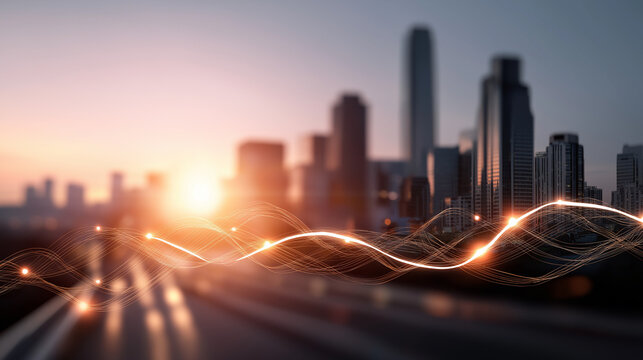 Smart metropolis and abstract connection with gradient line design defocused urban background big data technology concept digital infrastructure visualization with copy space