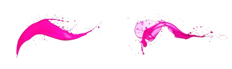 Two vibrant magenta paint splashes with dynamic fluid motion and scattered droplets, isolated on transparent background