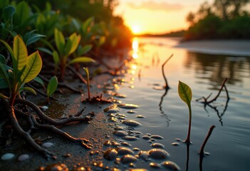 Obraz premium Coastal Mangrove Sanctuaries Revealed Through Refreshing Sunset Reflections as Nature Thrives