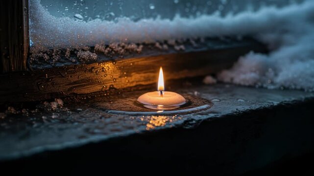 A single burning candle provides comforting warm light against the cold melting snow and ice covering a dark rustic wooden window ledge in winter