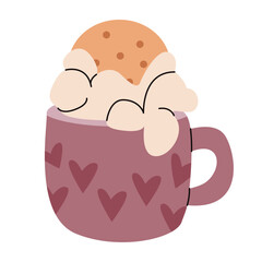 Mug with hot cocoa and whipped cream with sponge cake. Illustration for winter design, cafe menu, stickers, holiday cards, discount coupons for coffee or cappuccino