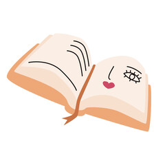 Open book with bookmark and facial expression and text. Illustration for childrens education, reading, school materials, stickers, planners, library graphics, learning apps, posters