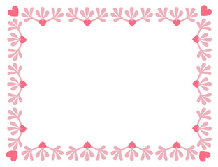 Rectangular floral border with hearts in soft pink romantic style. Vector for invitations, greeting cards, posters, templates, wedding, Valentine’s designs and baby shower