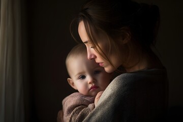 Tender moment as mother lovingly holds her baby in her arms by the window light