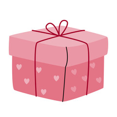 Pink gift box decorated with hearts, tiny ribbon and bow. Vector for Valentine’s Day, birthday, greeting cards, stickers, packaging