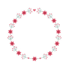 Delicate round floral wreath with pink flower. Round frame for wedding invitations, logos, quotes, greeting cards, templates. Elegant feminine design.