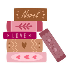 Stack of books with love-themed titles in warm pastel color. Illustration for Valentine&rsquo;s Day designs, book club, romantic stationery, posters, stickers, planners.