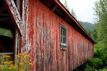 Historic Covered Bridge With Red Paint Peeling Showing Weathered Rustic Charm And Vintage Character