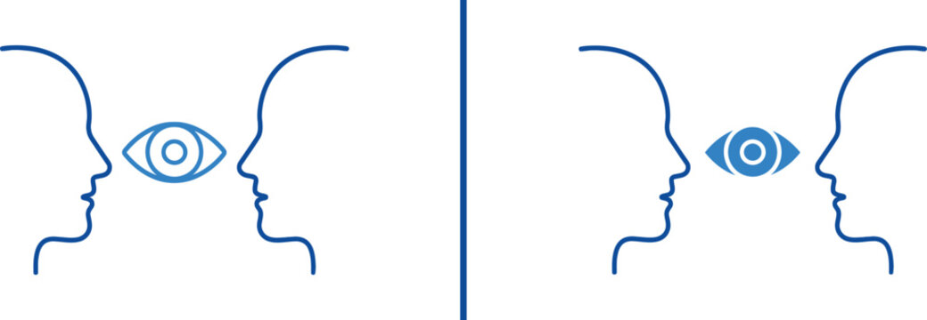Eye Contact Concept: Two minimalist human profiles facing each other, with an illustrated eye symbol representing a visual connection and the unspoken language of understanding. 