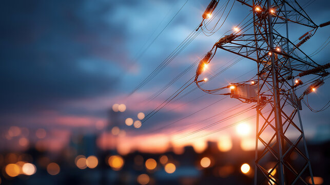 Wire electrical energy at sunset view defocused evening background power transmission lines grid infrastructure display electricity distribution visualization with copy space - Powered by Adobe