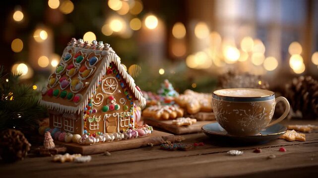 Festive holiday scene with decorated gingerbread house warm cup of coffee and Christmas cookies set on wooden table with soft glowing lights creating cozy seasonal atmosphere perfect for winter celebr
