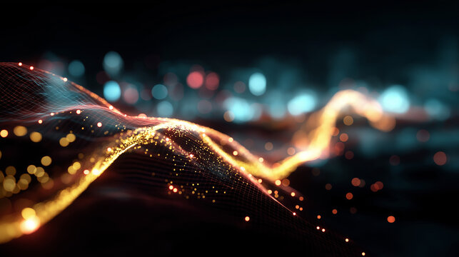 Big data visualization digital background defocused analytics representation wave of particles energy sector information 4k rendering display with copy space