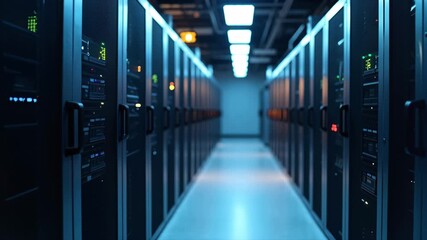 Server room corridor with network racks and blinking lights. Data center computing power for cloud storage and big data concept. - Powered by Adobe