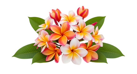 Fototapeta premium Bunch of plumeria flowers with green leaves in vibrant orange, pink, and yellow hues, isolated on white or transparent background. PNG
