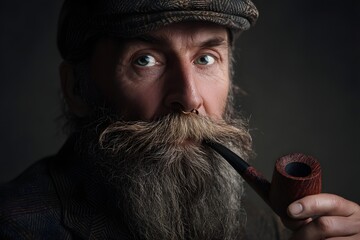 Contemplative man with a beard and tweed cap holding a smoking pipe in his hand