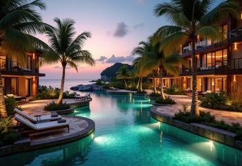 Fototapeta premium Exclusive Eco Resort Retreat Soaring Architecture Elegant Surroundings Lush Scenery Spa Garden Pool