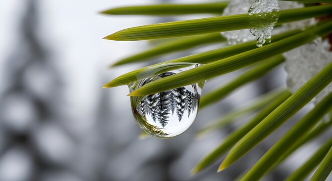 Detailed macro shot showing a water droplet on a pine needle with a winter scene reflected inside. - Powered by Adobe