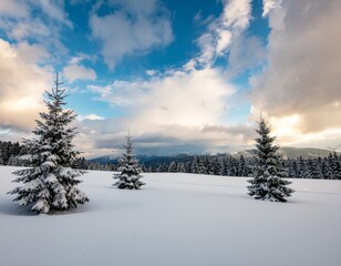 Peaceful snowy winter landscape with pine trees, falling snow, blue sky, and soft morning light; serene holiday nature scenery.