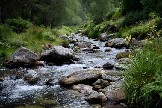 A Tranquil Stream Flowing Over Rocks Perfect for Fly Fishing and Serene Nature Escape - Powered by Adobe
