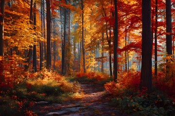 Obraz premium Autumn Forest With Fall Colors Enhanced By Morning Light Seasonal Woodland Scene Golden Foliage