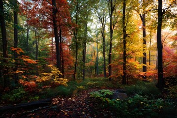 Fototapeta premium Autumn Forest with Fall Colors Enhanced by Morning Light for Seasonal Nature Photography Inspiration