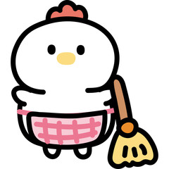 Cute Cartoon Chicken Wearing Apron Holding Broom with Transparent Background Simple Drawing Style