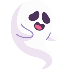 Cute translucent pale purple ghost character with large dark purple eyes and open pink mouth floating with a gentle ethereal drape on a white background