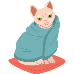 A Cute Pink Sphynx Cat Wrapped in a Teal Blanket Sitting on a Red Cushion With a White Background Detailed Pixel Art Style