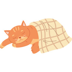 Cozy Orange Tabby Cat Sleeping Wrapped in a Plaid Blanket on a Transparent Background