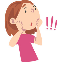 Astonished Young Woman Clutching Her Cheeks With Wide Eyes And Open Mouth Expressing Shock And Surprise Against A Transparent Background With Exclamation Marks Representing Sudden News