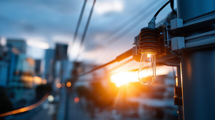 Fototapeta premium High power electricity poles in urban area connected to smart grid defocused city background energy supply distribution transmitting power concept high voltage infrastructure