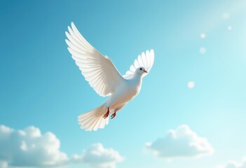 Fototapeta premium Elegant White Dove Freely Soaring Against Crisp Blue Sky Simplified Peace Symbol