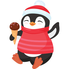 Cute Cartoon Penguin Wearing Red Hat and Scarf Holding Ice Cream Cone with Transparent Background
