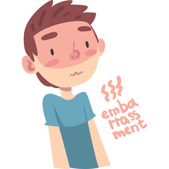 Cartoon Boy Blushing Red Face Embarrassed Expression With Sweat Droplets and Wavy Lines Symbolizing Heat or Discomfort Isolated on White Background