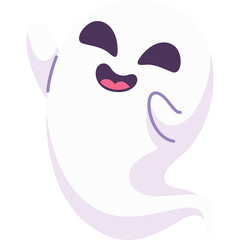 Cute friendly white ghost waving with a happy expression against a transparent background perfect for Halloween themed designs and digital art with a simple joyful and whimsical aesthetic