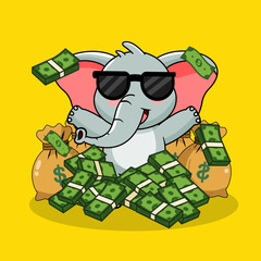 Cute Wealthy Elephant with Stacks of Money Vector Illustration Cartoon Kawaii Design