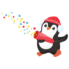 Cute Penguin Wearing a Red Hat and Earmuffs Shoots Confetti From a Red Horn on a Transparent Background
