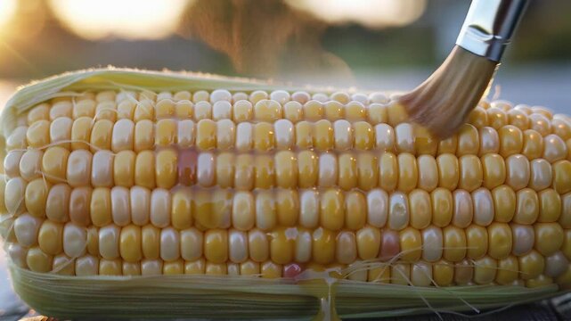 Extreme macro closeup of hot corn on the cob as melted butter is brushed across glossy kernels, pooling in tiny valleys while micro steam rises between rows in warm glowing sunset light.