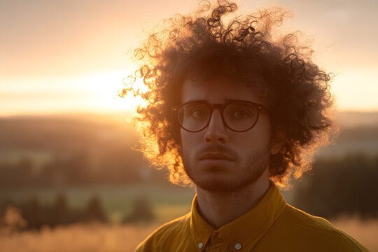 Portrait of a thoughtful man with curly hair standing in a field at sunset