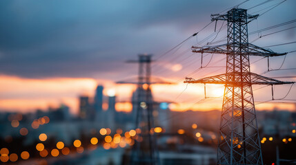 High power electricity poles in urban area connected to smart grid defocused city background energy supply distribution transmitting power concept high voltage infrastructure
