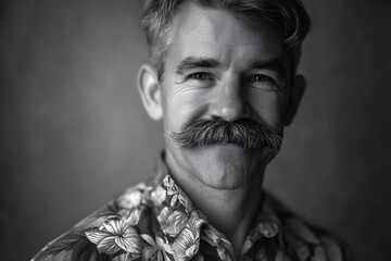 Portrait of a man with a mustache wearing a floral shirt looking at the camera